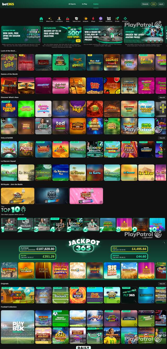 Capture of the front page of bet365 Casino (casino.bet365.com) on 20 October 2026