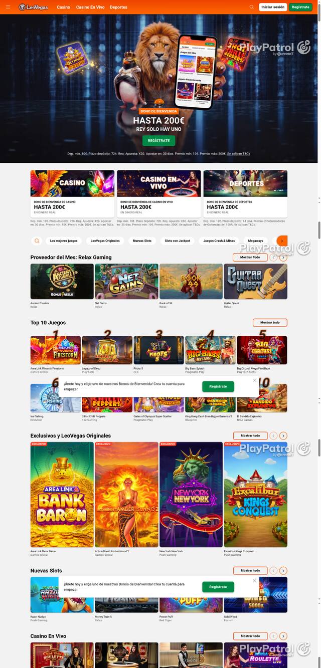 Capture of the front page of LeoVegas (leovegas.es) on 15 October 2026