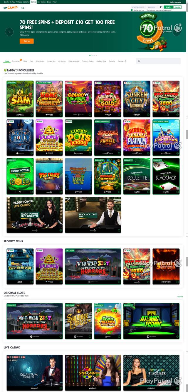 Capture of the front page of Paddy Power Games (games.paddypower.com) on 28 October 2026