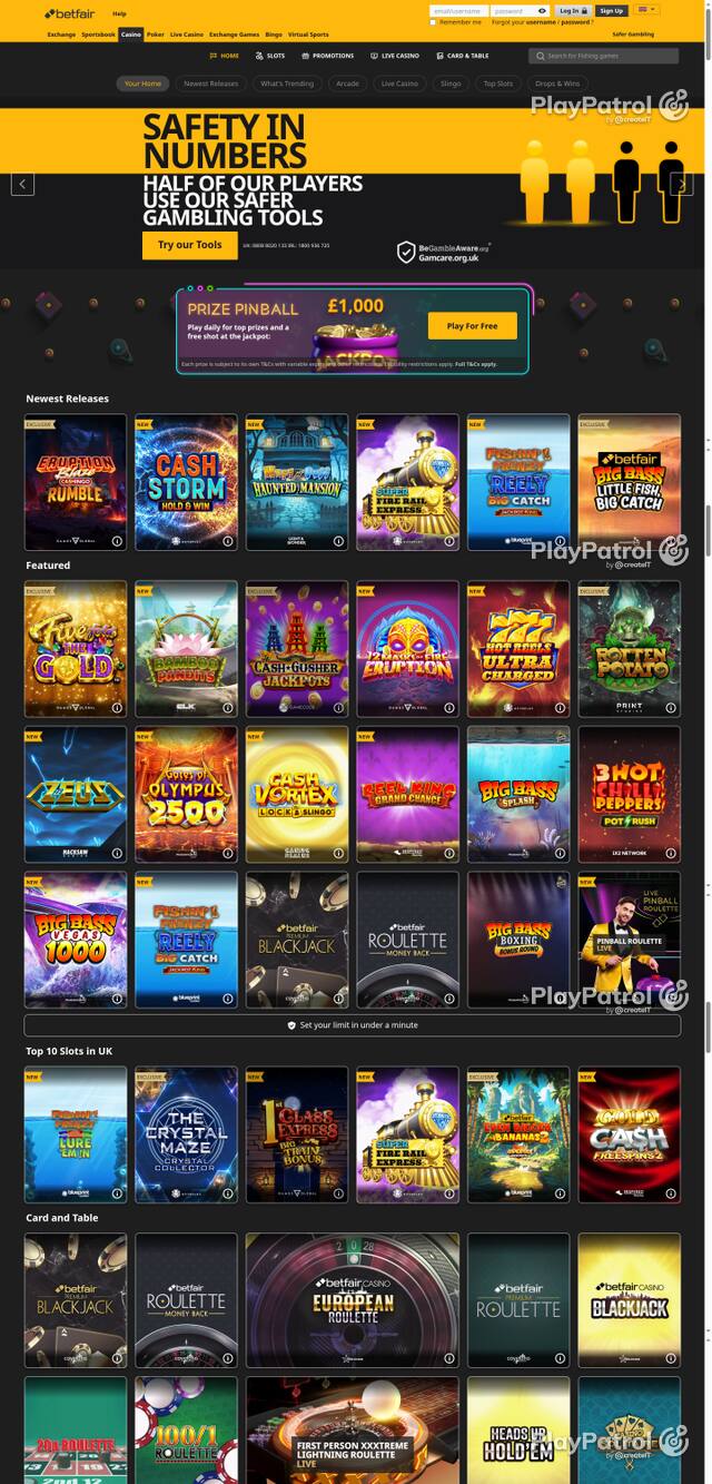 Capture of the front page of Betfair Casino (casino.betfair.com) on 10 October 2026
