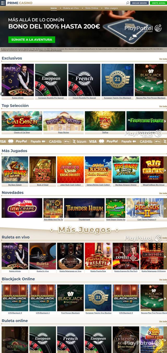 Capture of the front page of Prime Casino (primecasino.es) on 3 October 2026