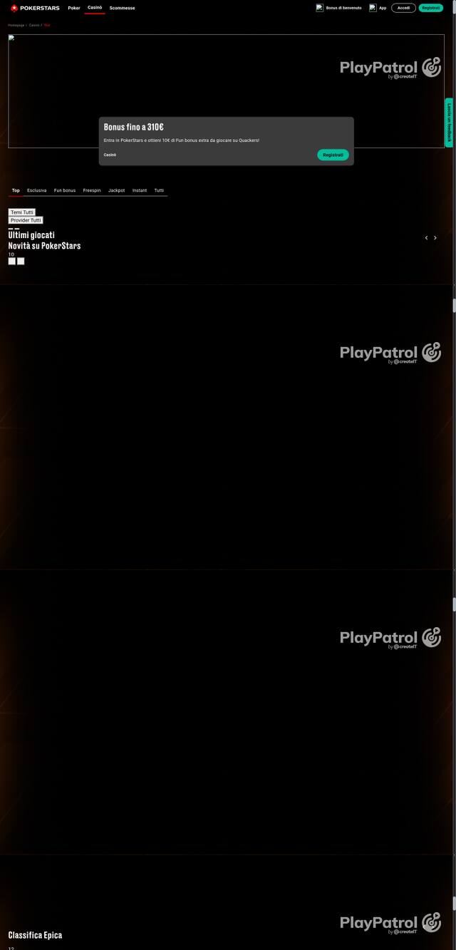 Capture of the front page of PokerStars (pokerstars.it) on 9 October 2026
