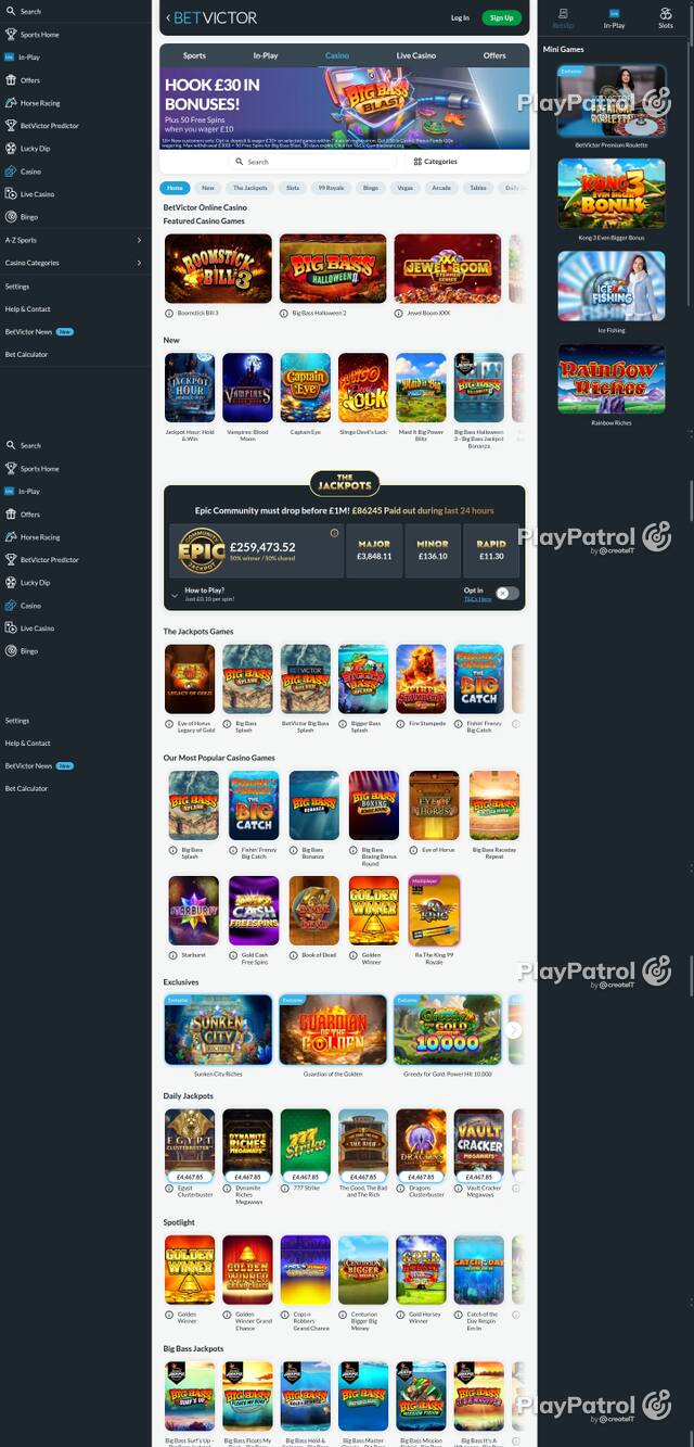 Capture of the front page of BetVictor Casino (betvictor.com) on 24 October 2026