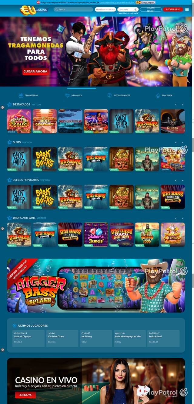 Capture of the front page of EU Casino (eucasino.es) on 16 October 2026