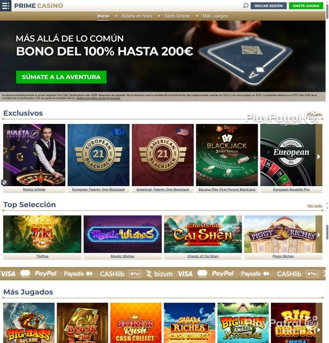 Capture of the front page of Prime Casino (primecasino.es) on 5 October 2026