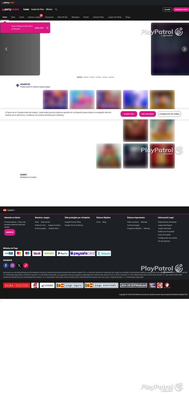 Capture of the front page of PartyCasino (partycasino.es) on 4 October 2026