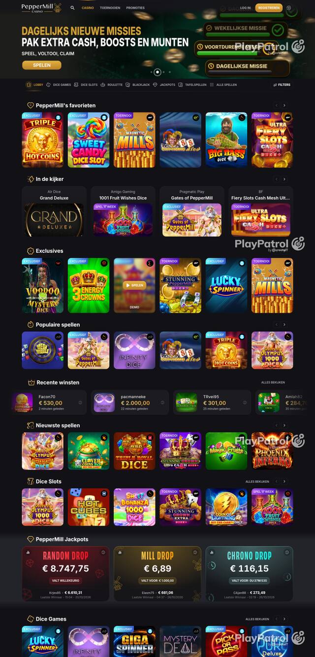 Capture of the front page of peppermillcasino.be (peppermillcasino.be) on 26 October 2026