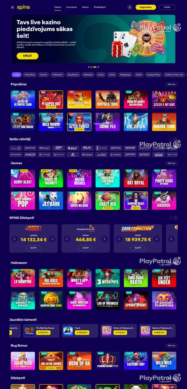 Front page of spins.lv as captured on 28 October 2026