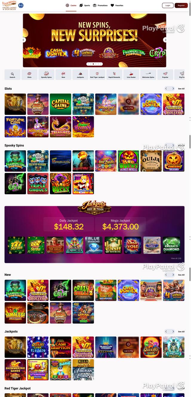 Capture of the front page of play.fourwindscasino.com (play.fourwindscasino.com) on 26 October 2026