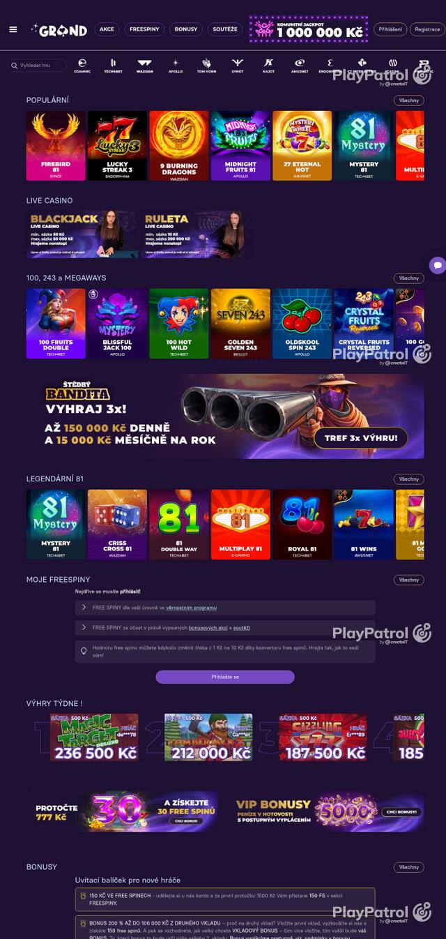 Homepage capture of GrandWin recorded during the scan