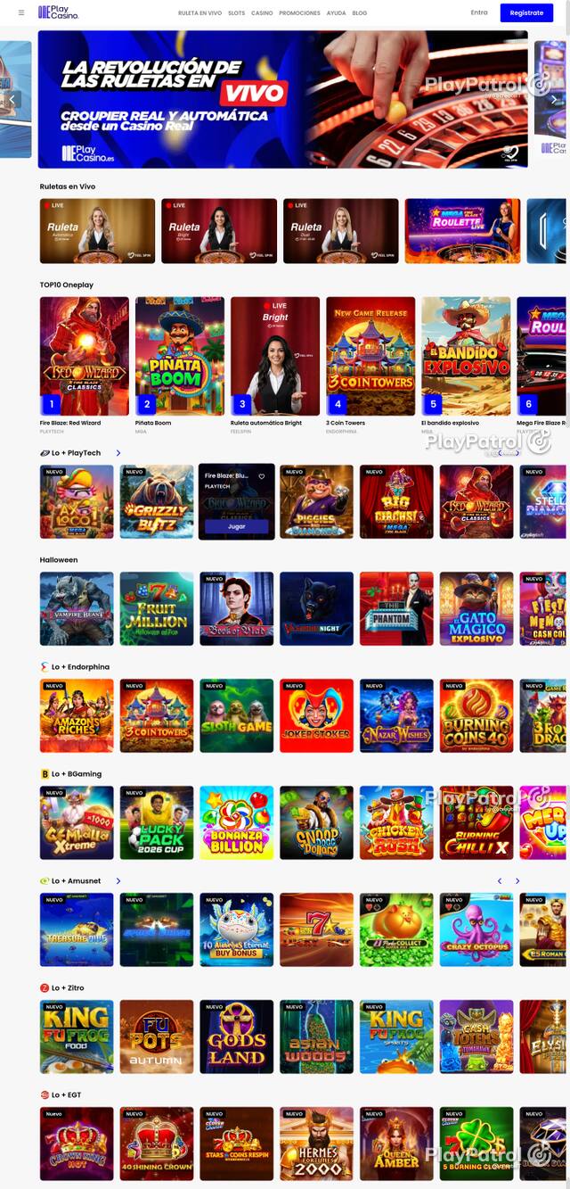 Capture of the front page of OnePlay Casino (oneplaycasino.es) on 23 October 2026