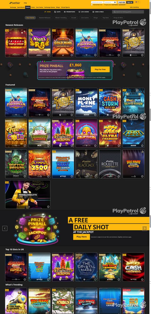 Capture of the front page of Betfair Casino (casino.betfair.com) on 19 October 2026