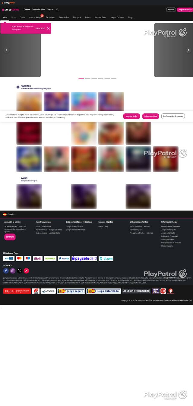 Homepage capture of PartyCasino recorded during the scan