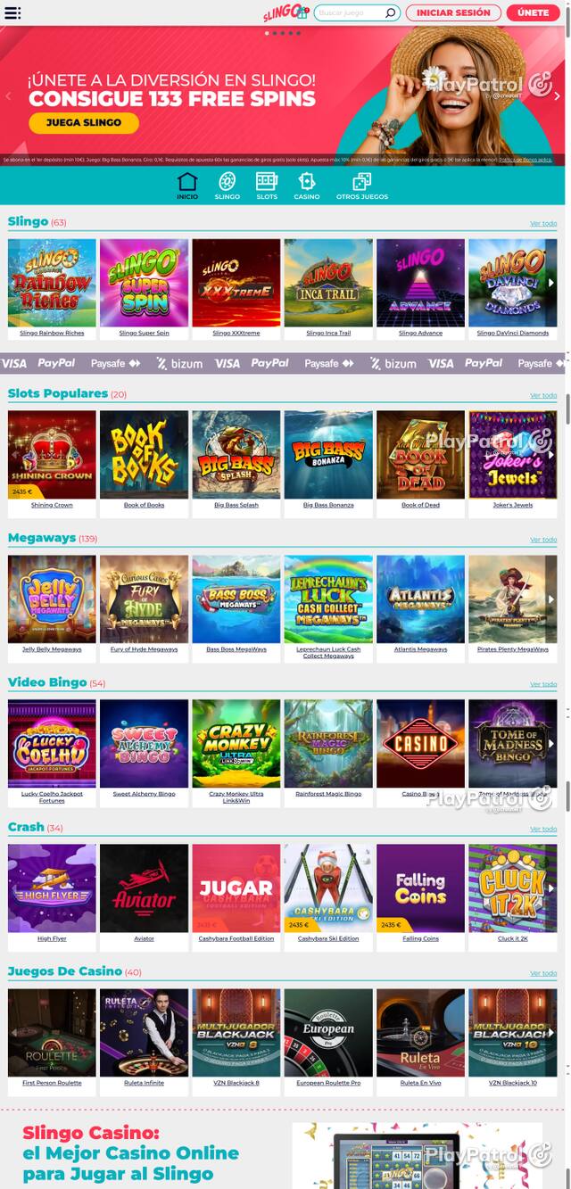 Capture of the front page of Slingo Casino (slingocasino.es) on 30 October 2026