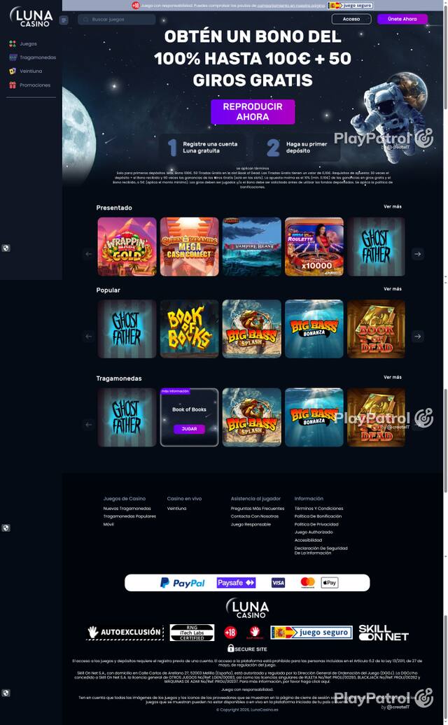 Capture of the front page of Luna Casino (lunacasino.es) on 14 October 2026