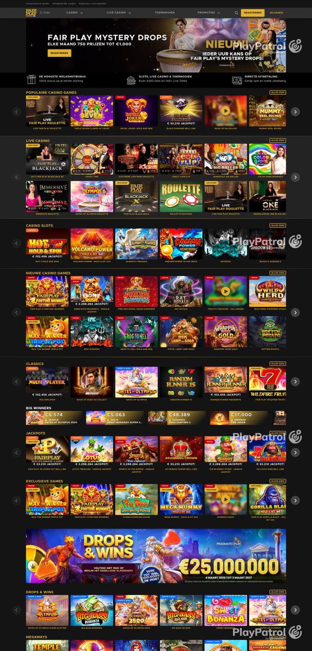 Capture of the front page of Fair Play Casino (fairplaycasino.nl) on 23 October 2026
