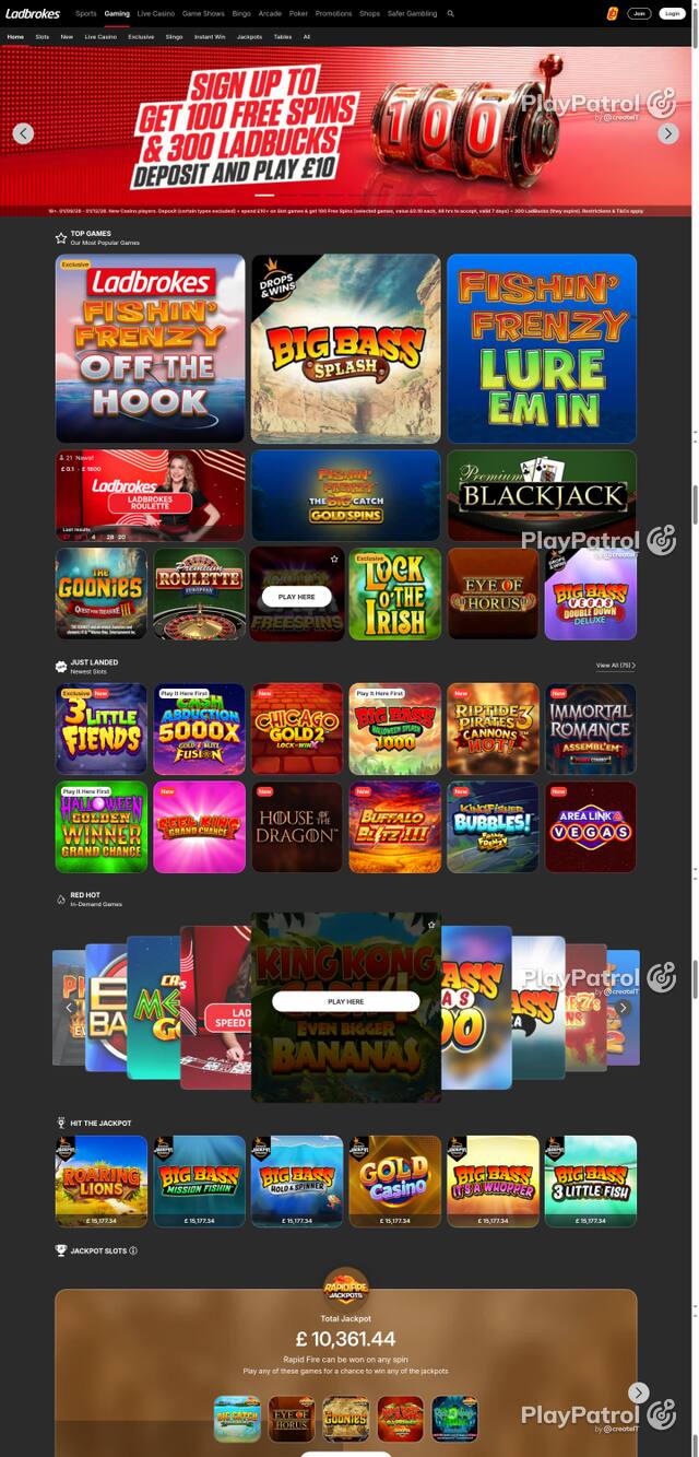 Capture of the front page of Ladbrokes (casino.ladbrokes.com) on 8 October 2026