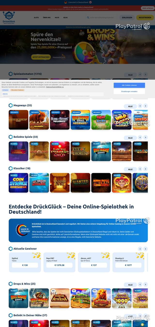 Homepage capture of DrückGlück recorded during the scan