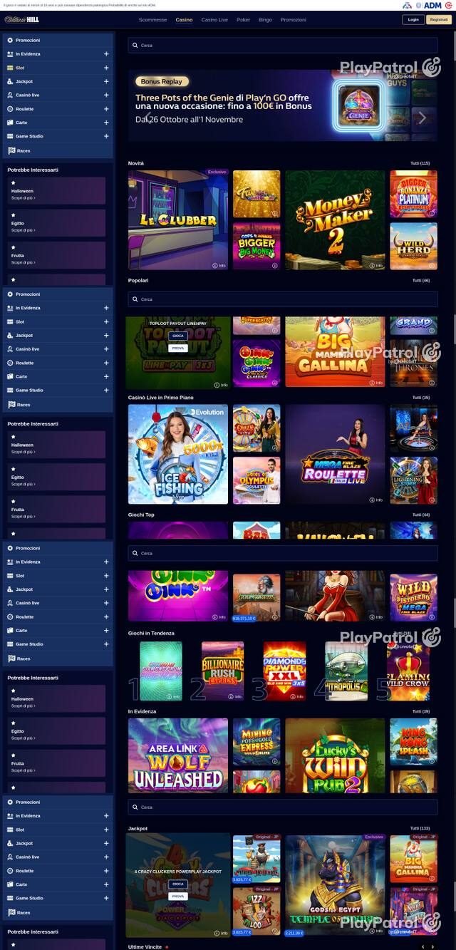 Capture of the front page of William Hill (casino.williamhill.it) on 28 October 2026
