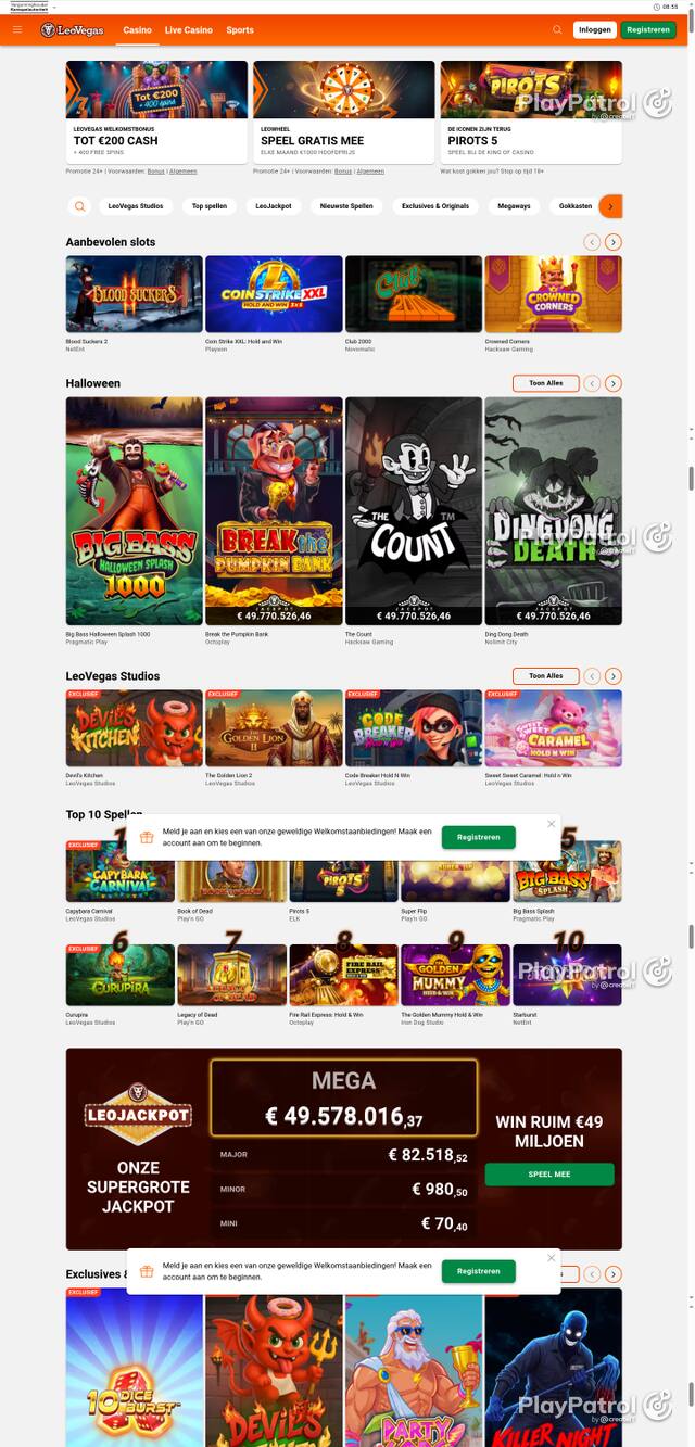 Capture of the front page of LeoVegas Casino Nederland (leovegas.nl) on 28 October 2026
