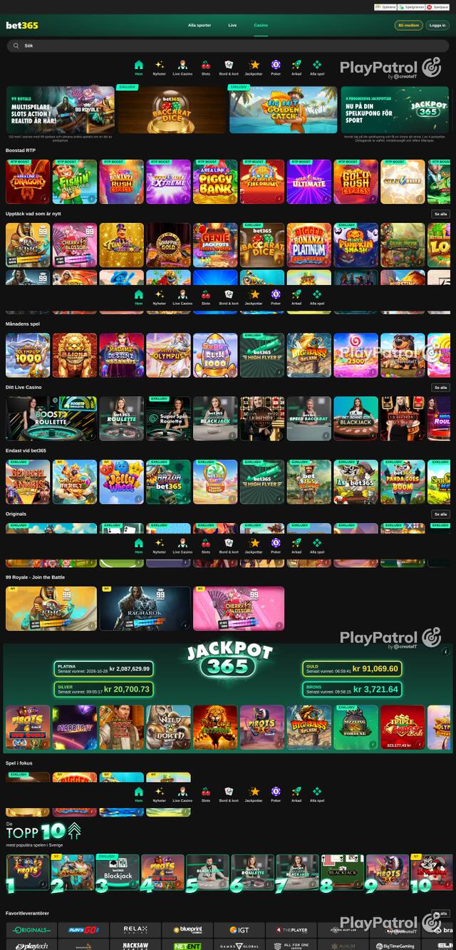 Front page of bet365 Casino as captured on 29 October 2026