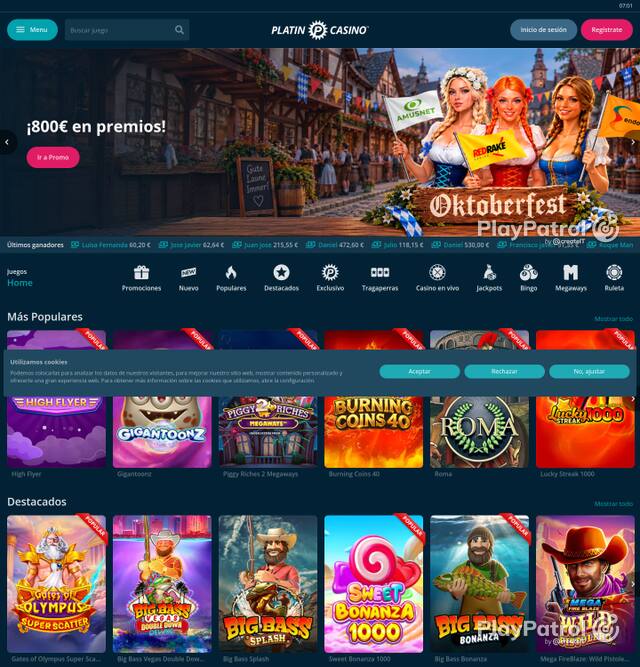 Capture of the front page of Platin Casino (platincasino.es) on 3 October 2026