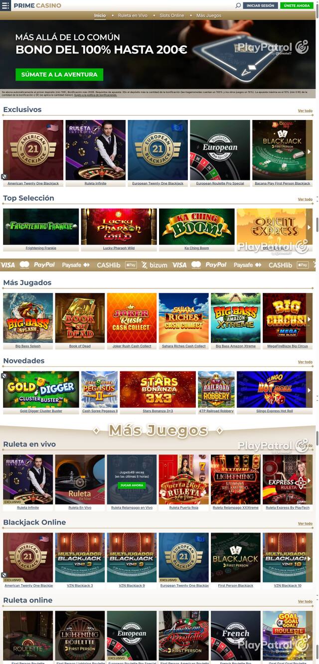 Capture of the front page of Prime Casino (primecasino.es) on 9 October 2026