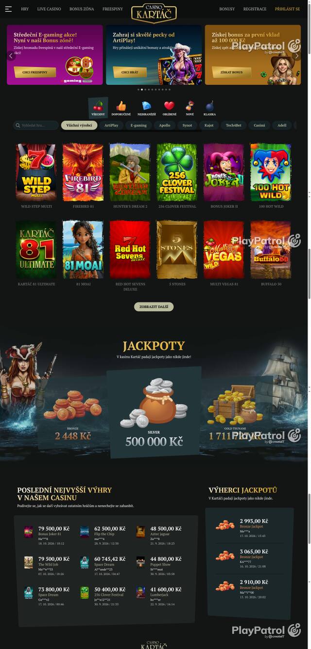 Capture of the front page of Casino Kartac (casino-kartac.cz) on 21 October 2026