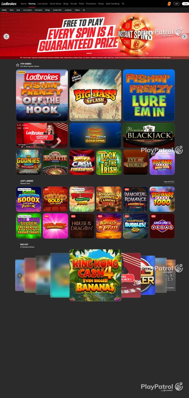 Capture of the front page of Ladbrokes (casino.ladbrokes.com) on 3 October 2026