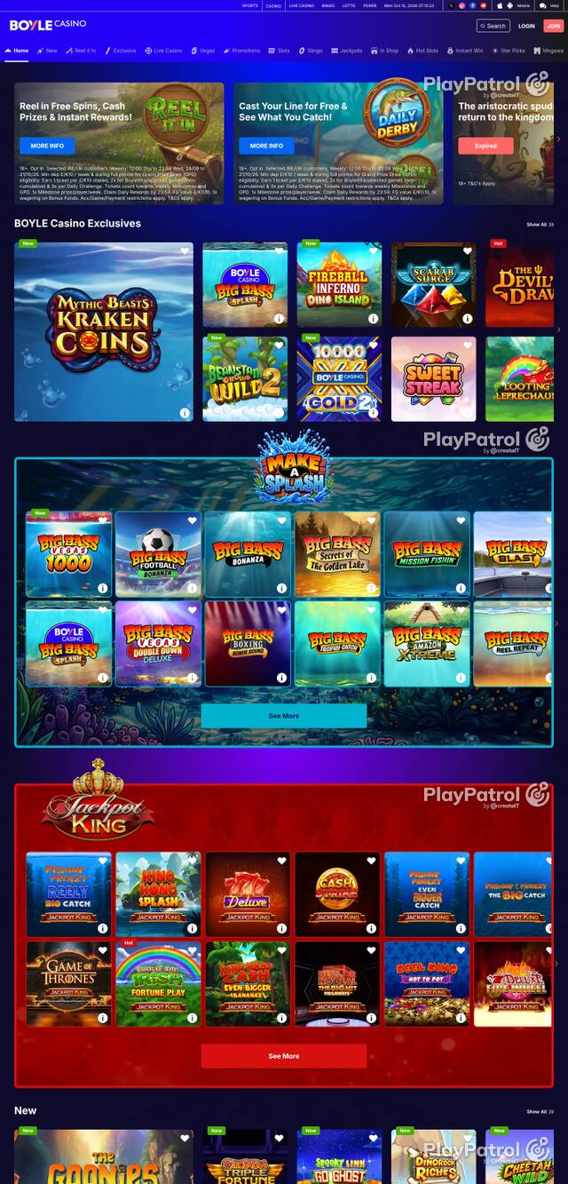 Capture of the front page of BoyleSports Casino (games.boylesports.com) on 12 October 2026