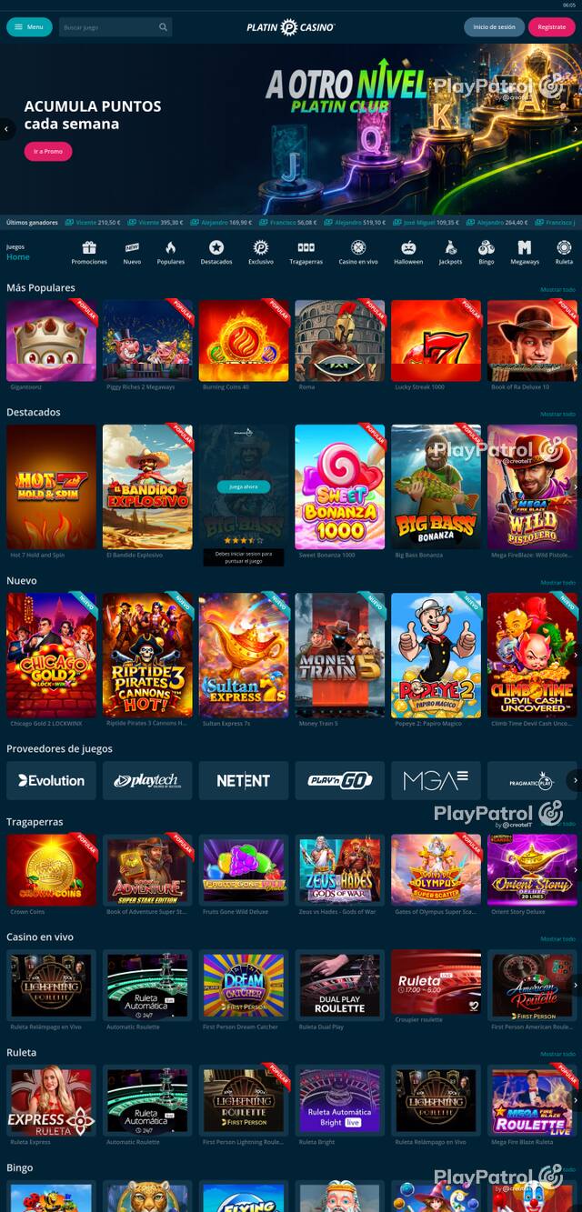 Capture of the front page of Platin Casino (platincasino.es) on 22 October 2026