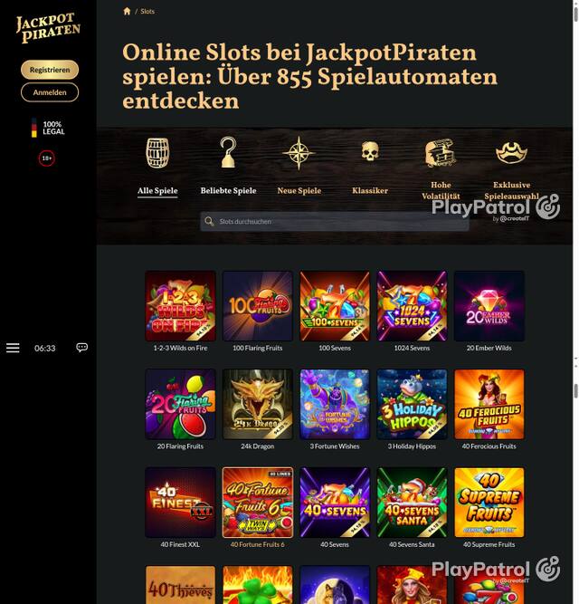 Capture of the front page of Jackpotpiraten (jackpotpiraten.de) on 5 October 2026