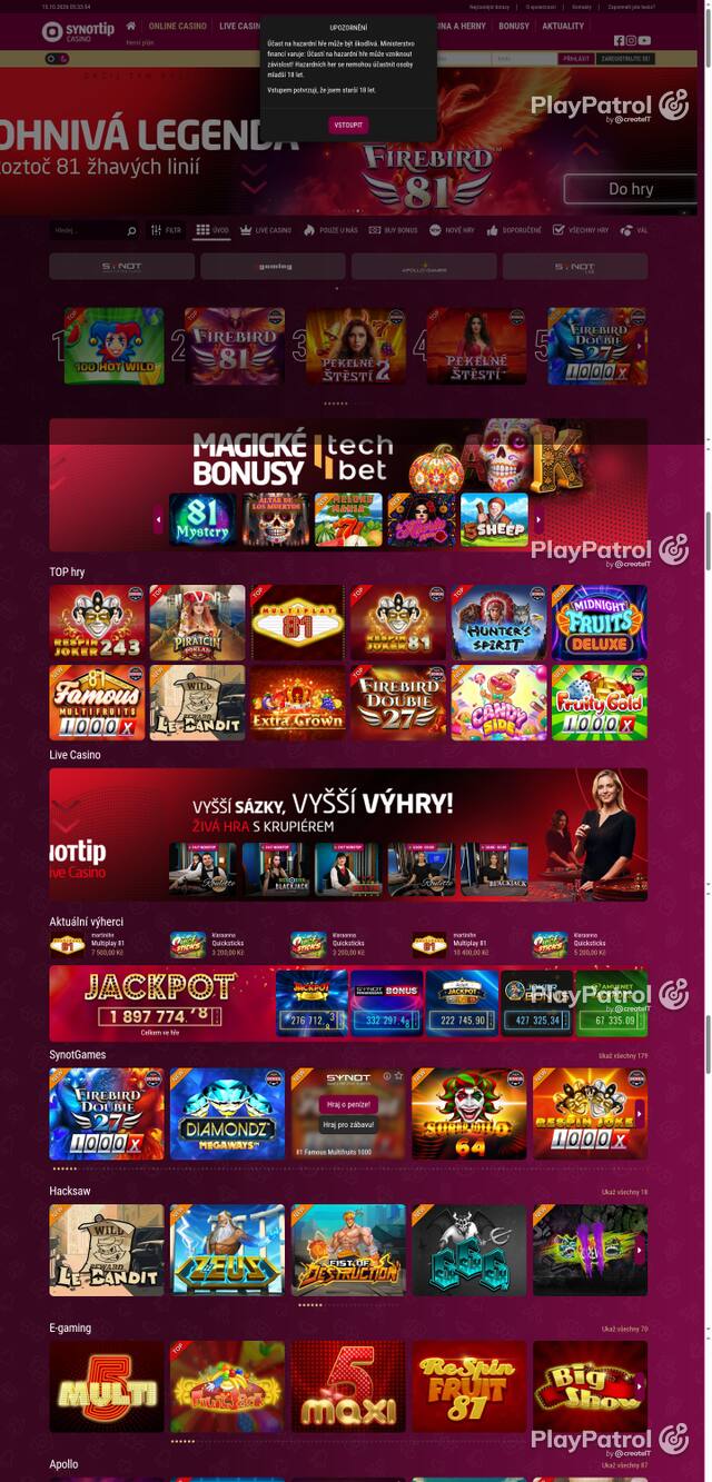 Capture of the front page of Synot Tip (casino.synottip.cz) on 15 October 2026