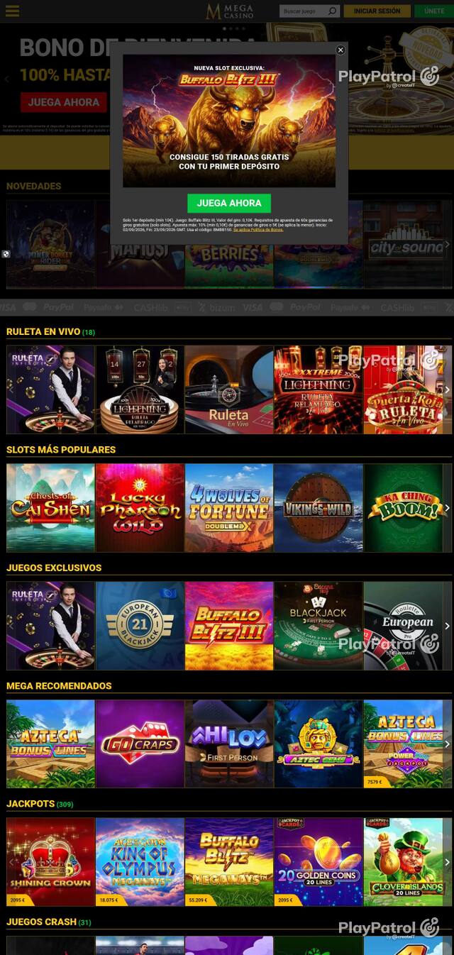 Homepage capture of Mega Casinos recorded during the scan