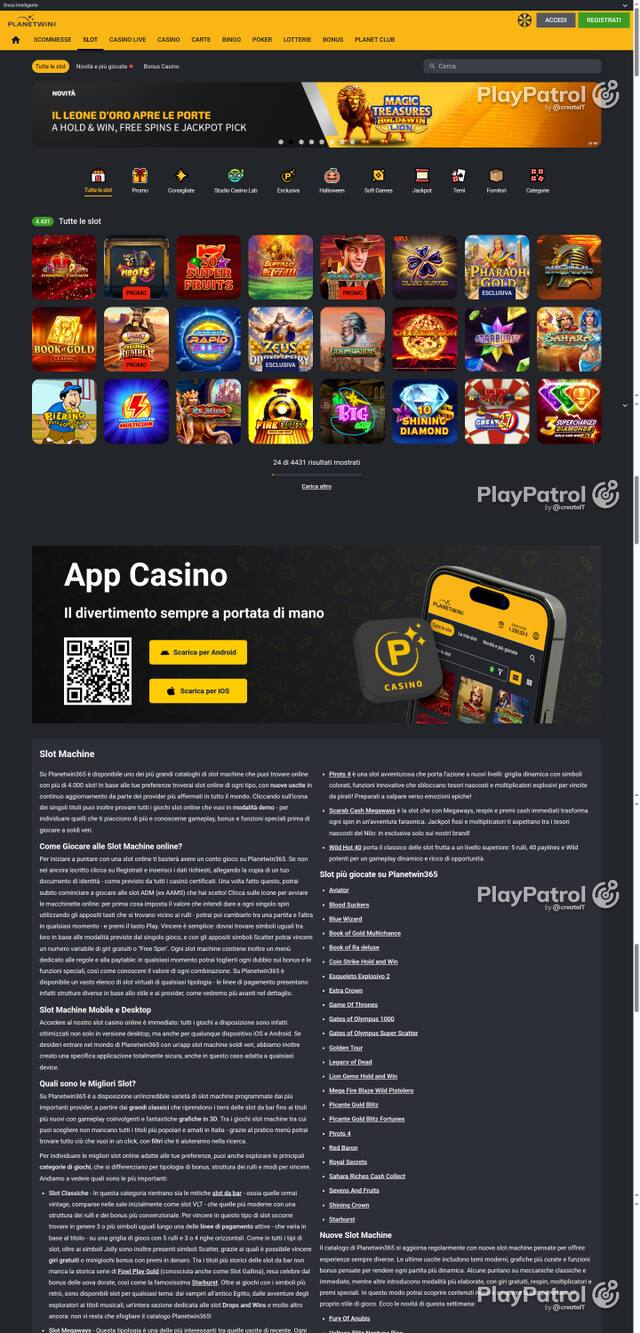 Capture of the front page of Planetwin365 (planetwin365.it) on 26 October 2026