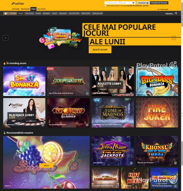 Capture of the front page of Betfair (vegas.betfair.ro) on 5 October 2026