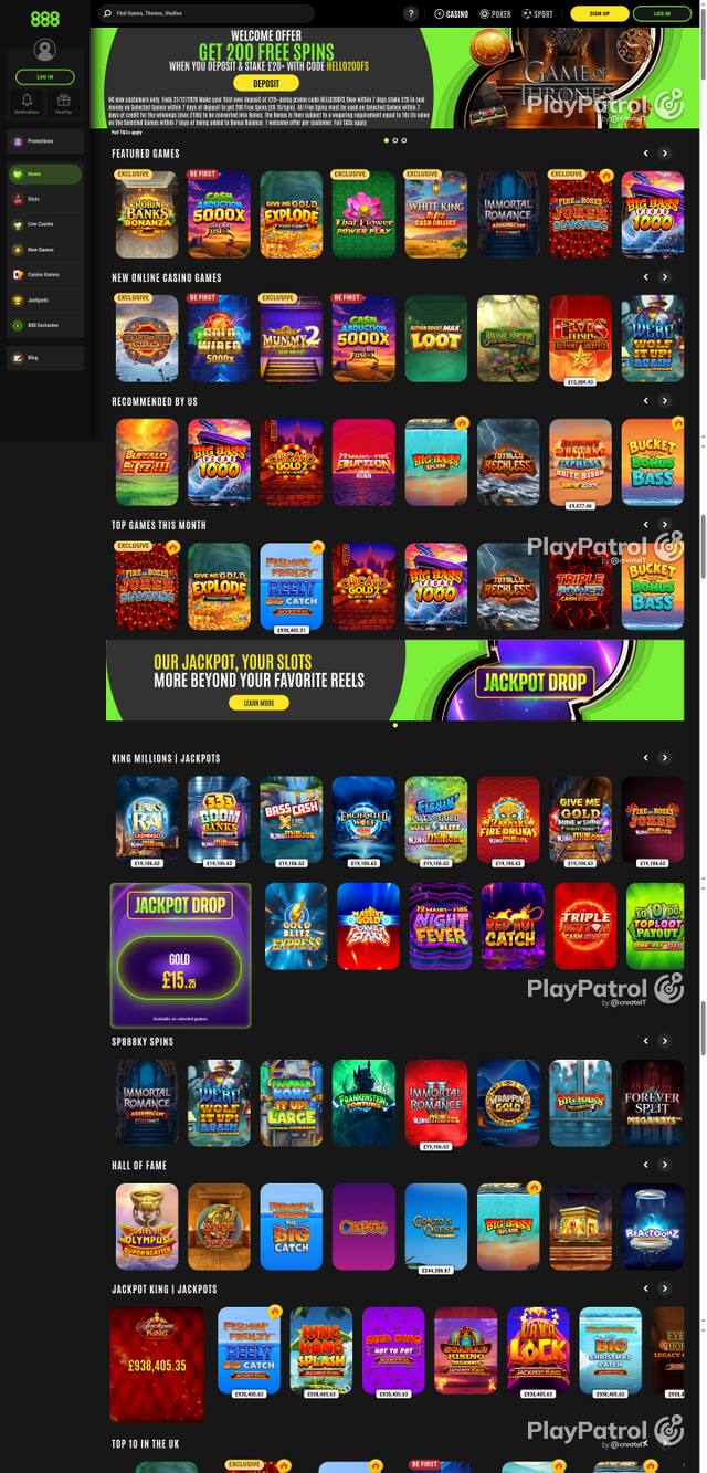 Capture of the front page of 888casino (888casino.com) on 16 October 2026