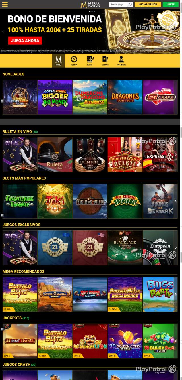 Capture of the front page of Mega Casinos (megacasinos.es) on 19 October 2026