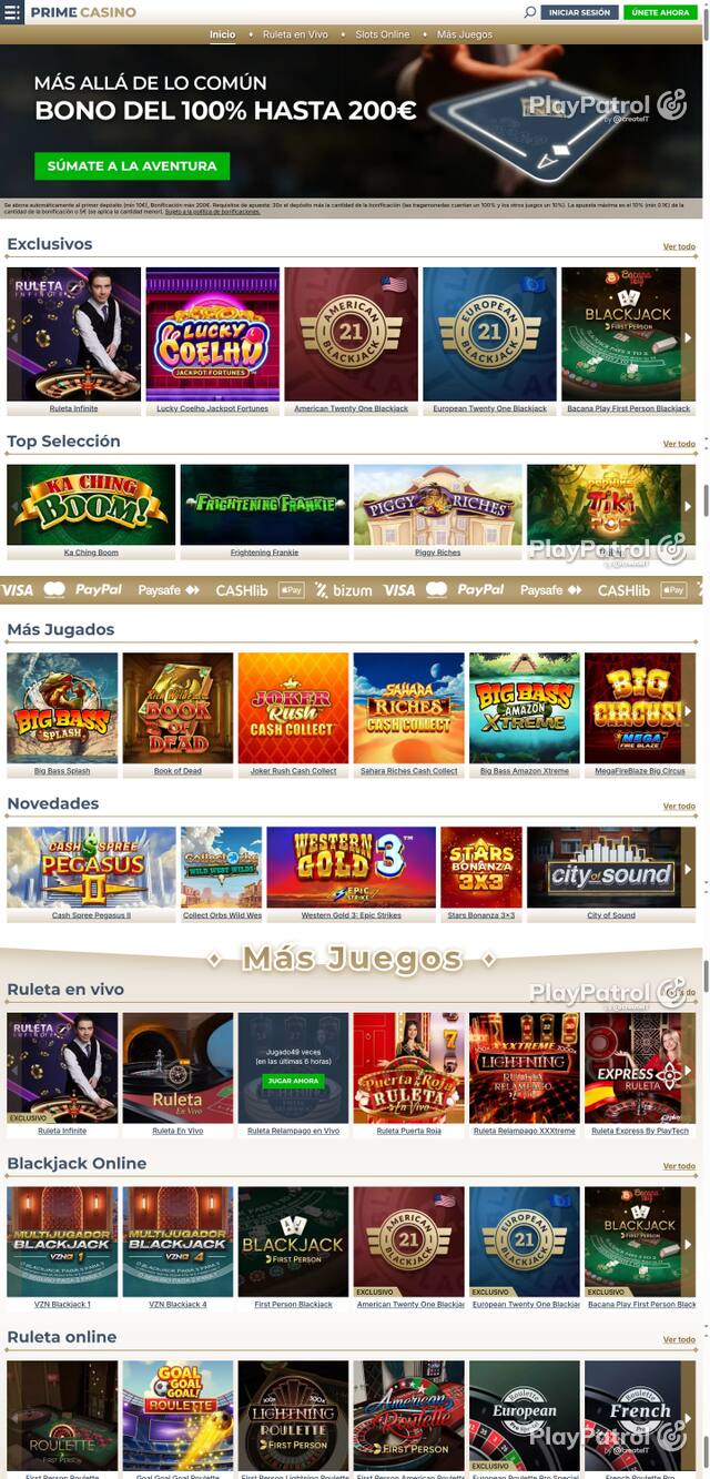 Capture of the front page of Prime Casino (primecasino.es) on 21 October 2026