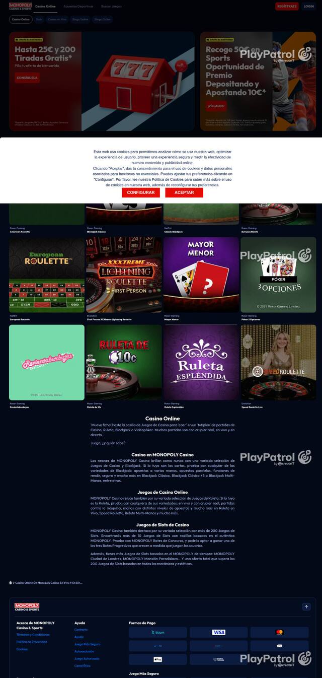 Capture of the front page of Monopoly Casino (monopolycasino.es) on 3 October 2026