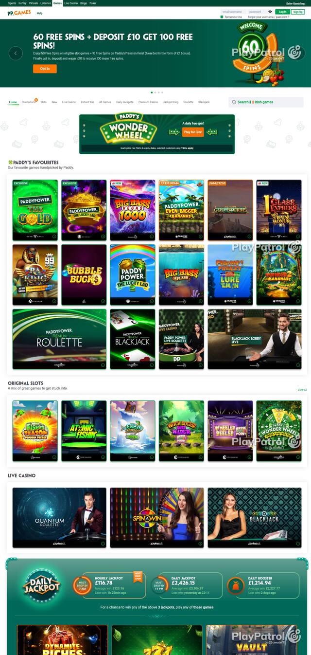 Homepage capture of Paddy Power Games recorded during the scan