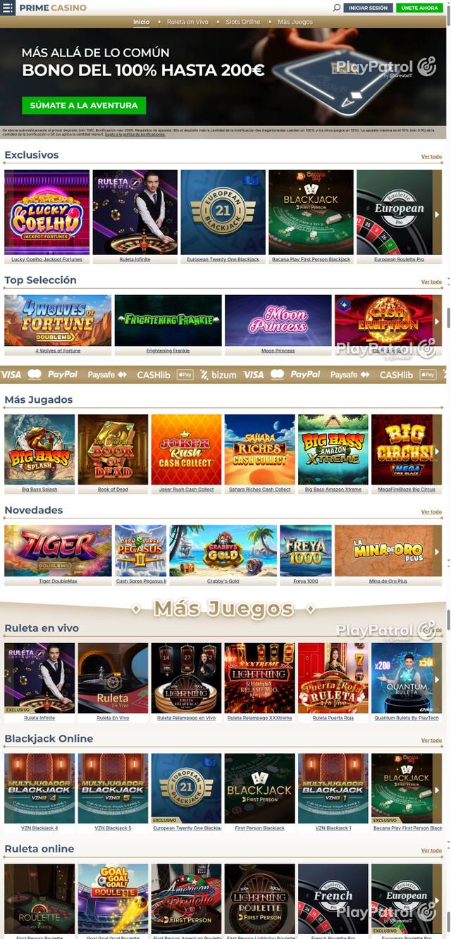 Capture of the front page of Prime Casino (primecasino.es) on 25 October 2026