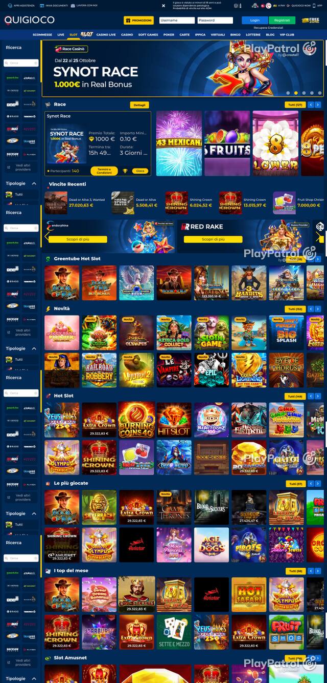 Capture of the front page of Quigioco (quigioco.it) on 25 October 2026