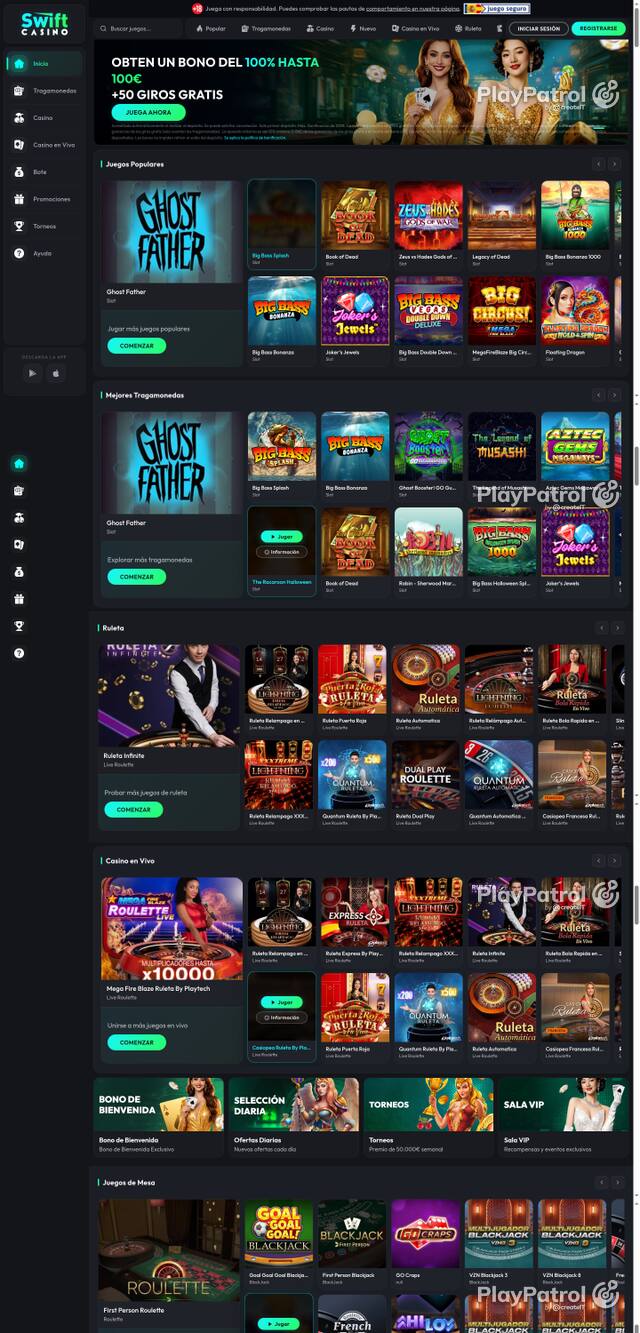 Front page of Swift Casino as captured on 29 October 2026
