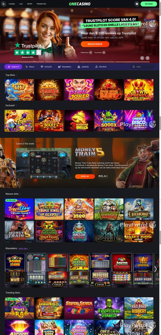 Capture of the front page of One Casino (nl.onecasino.com) on 11 October 2026