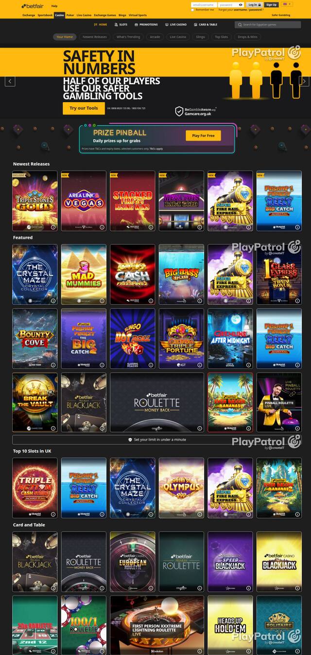 Homepage capture of Betfair Casino recorded during the scan