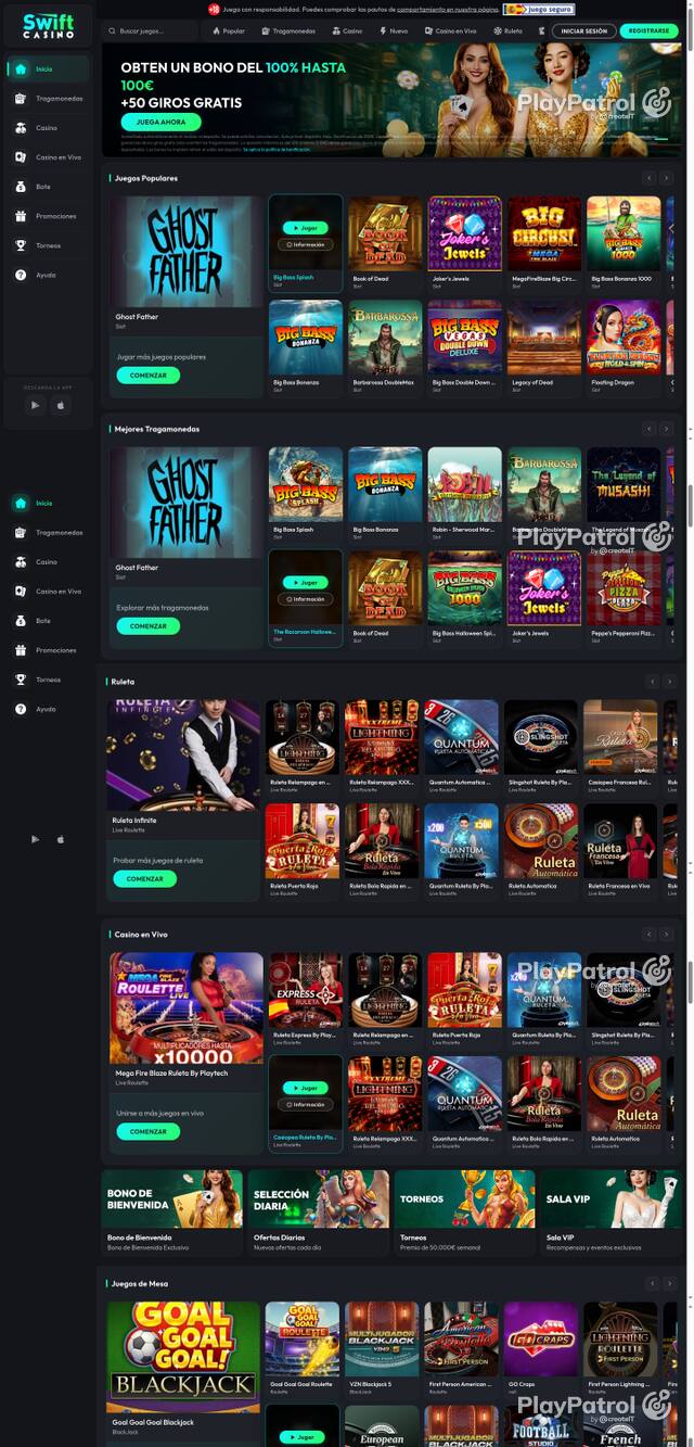 Capture of the front page of Swift Casino (swiftcasino.es) on 23 October 2026