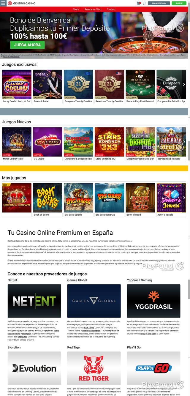 Capture of the front page of Genting Casino (gentingcasino.es) on 28 October 2026