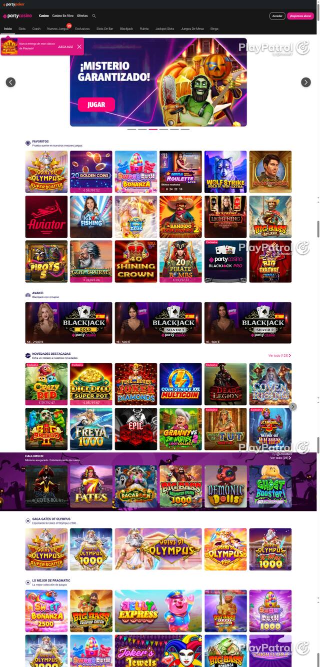 Capture of the front page of PartyCasino (partycasino.es) on 23 October 2026
