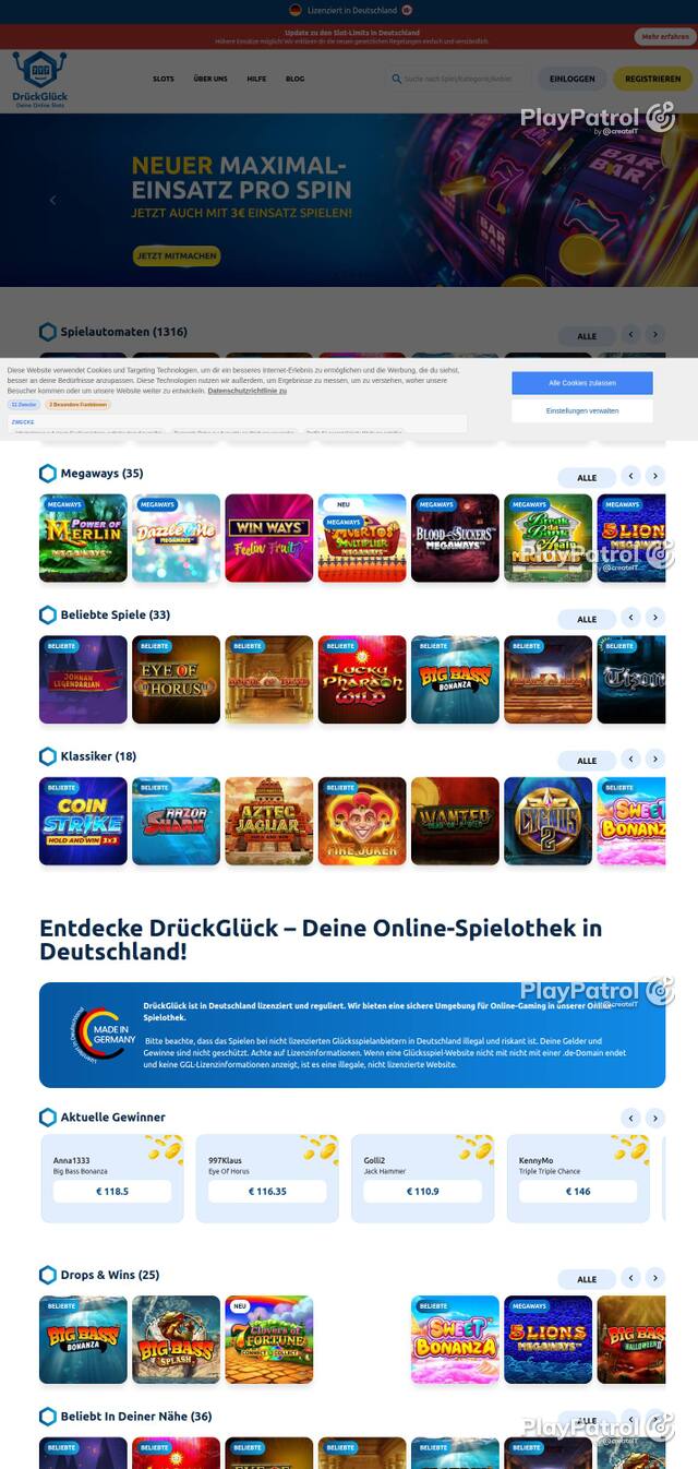 Homepage capture of DrückGlück recorded during the scan